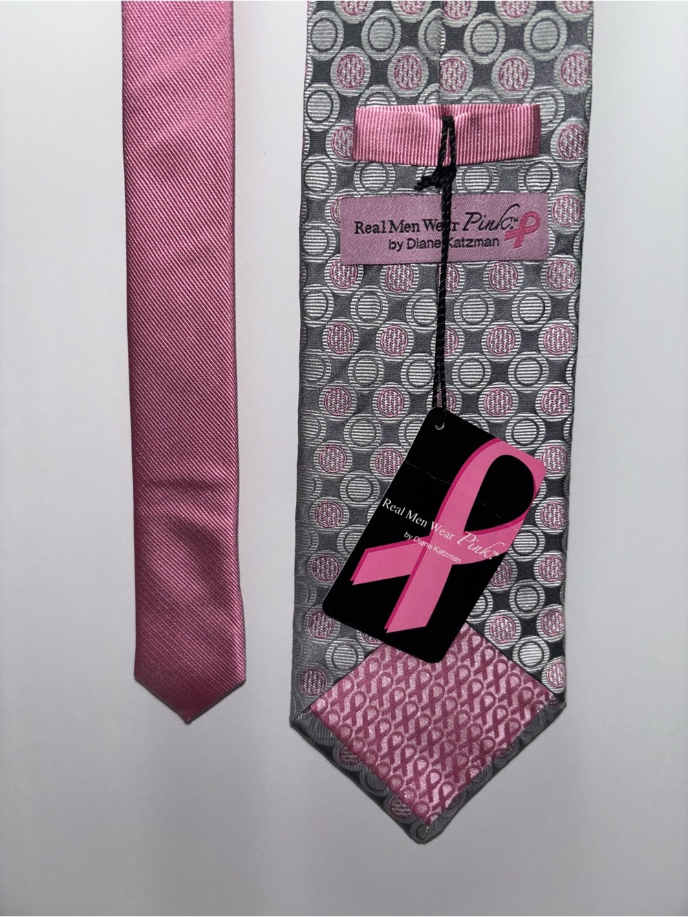 Real Men Wear Pink by Diane Katzman Breast Cancer Pink Gray Men's Necktie Tie
